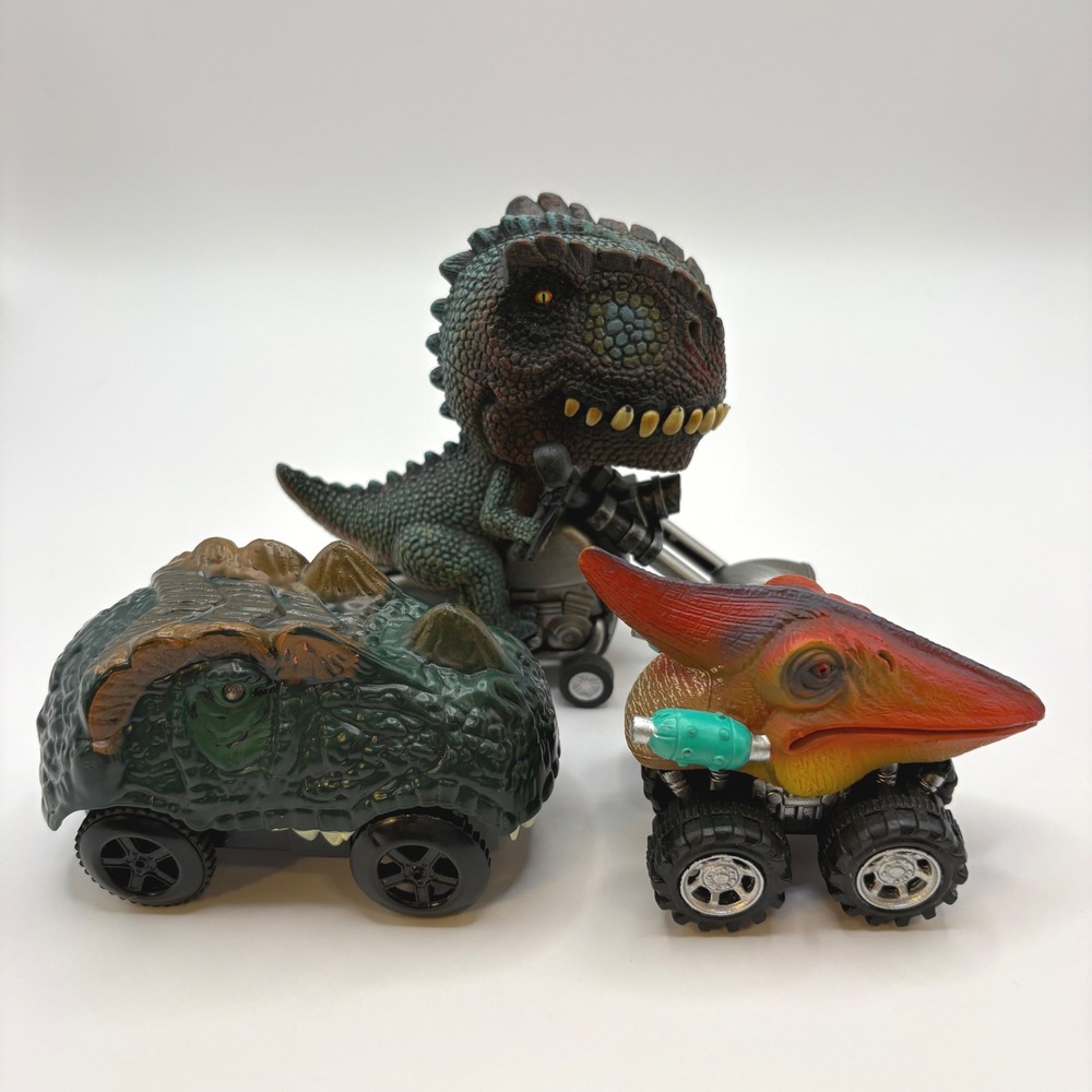 Lot of 3 Dinosaur Pullback Race Car Toys T-Rex Motorcycle Triceratop Pterodactyl - Picture 4 of 5